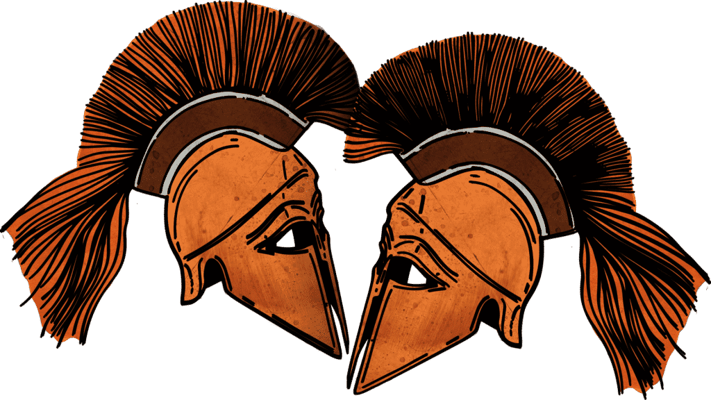 A drawing of two greek helmets facing each other in orange colors.