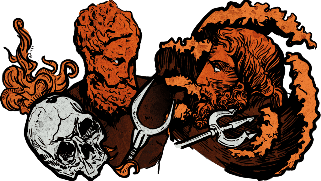 A drawing of Hades and Poseidon facing each other with trident and skull in orange.